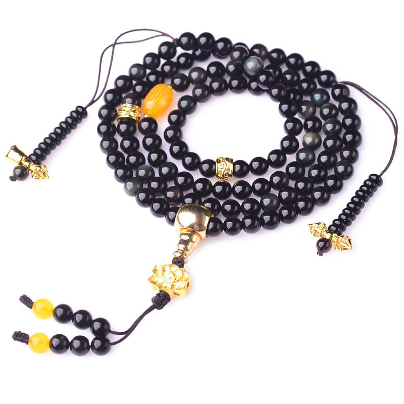 Wear FengShui 108 Beads Natural Black Obsidian Lotus Fulfilment Mala Bracelet