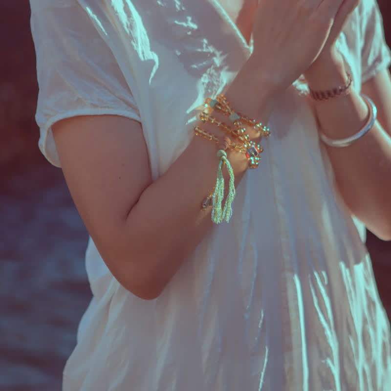 Wear FengShui 108 Mala Beads 925 Sterling Silver Citrine Sandalwood Turquoise Protection Prosperity Bracelet
