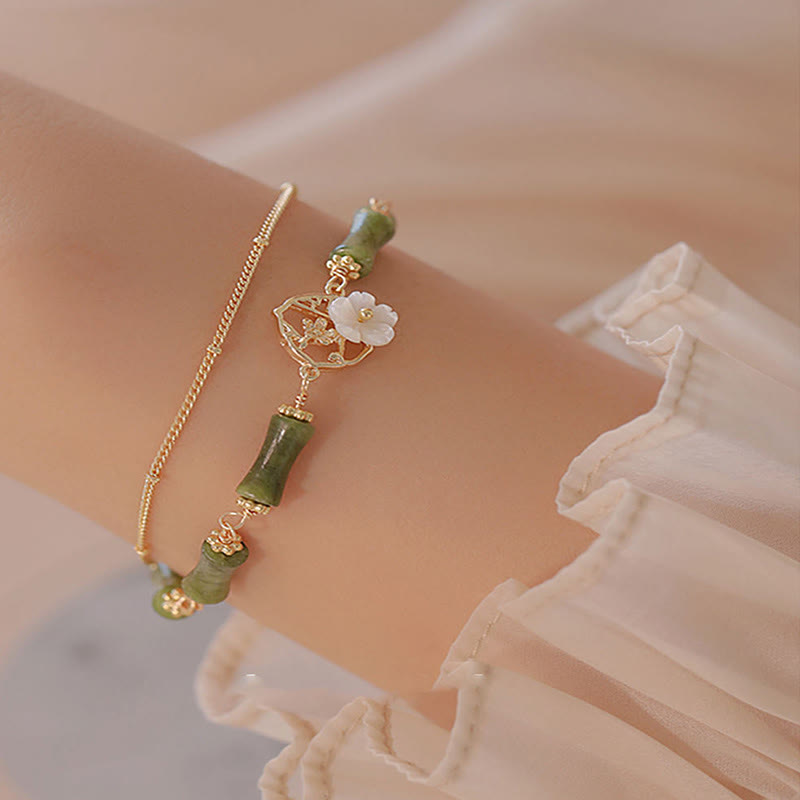 Wear FengShui 14k Gold Plated Copper Peridot Bamboo Flower Wealth Double Layer Bracelet