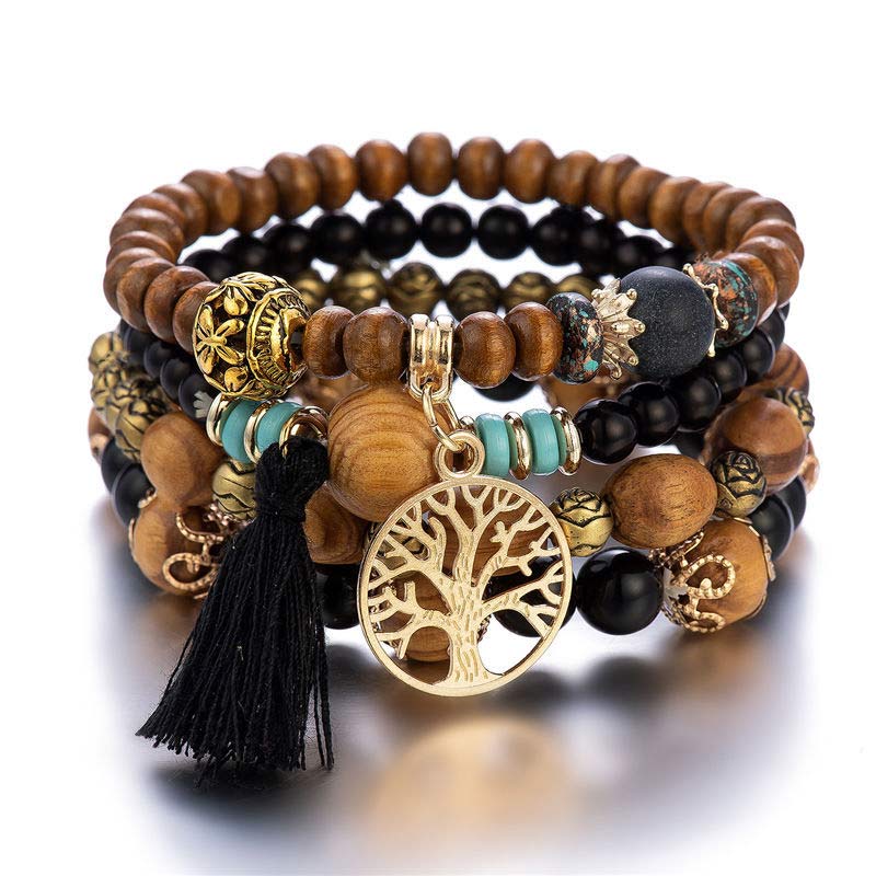 Wear FengShui Wenge Wood Layered Tree Tassel Healing Bracelet