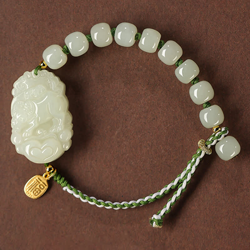 Wear FengShui 925 Sterling Silver Chinese Zodiac Hetian Jade Happiness Luck String Bracelet
