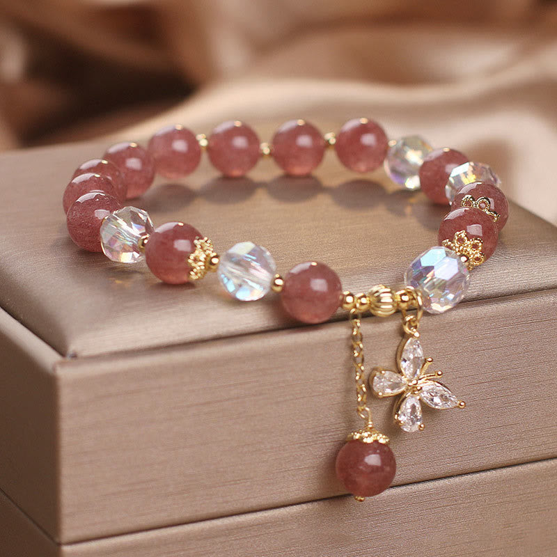 Wear FengShui Natural Strawberry Quartz Love Healing Butterfly Charm Bracelet