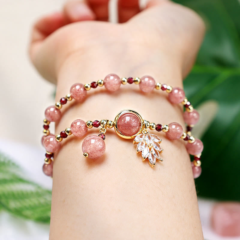 Wear FengShui Natural Strawberry Quartz Love Healing Maple Leaf Charm Double Wrap Bracelet