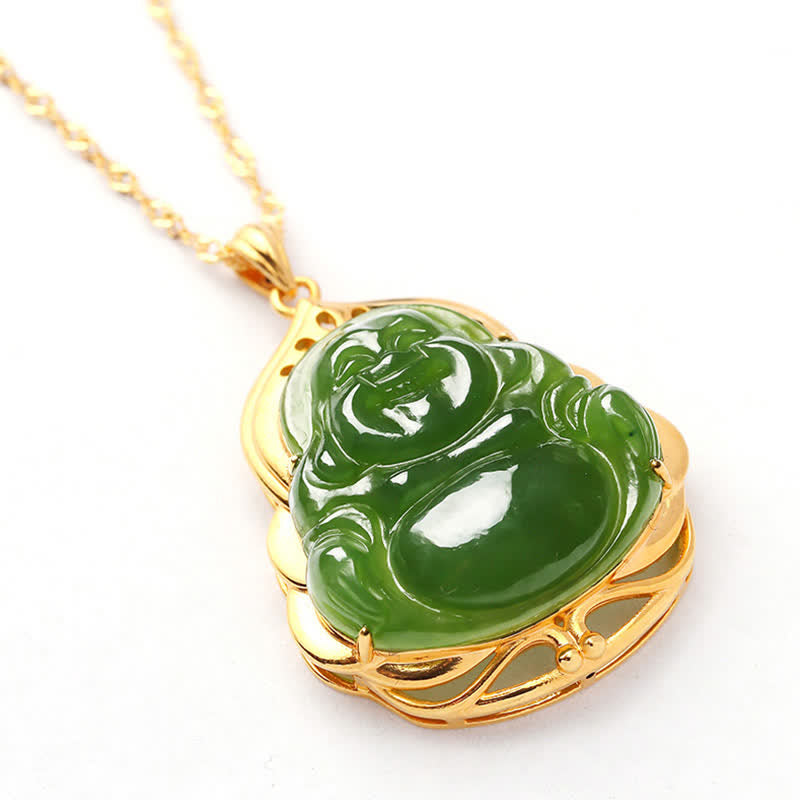 Wear FengShui 925 Sterling Silver Natural Hetian Cyan Jade Laughing Buddha 18K Gold Healing Necklace Chain Pendant