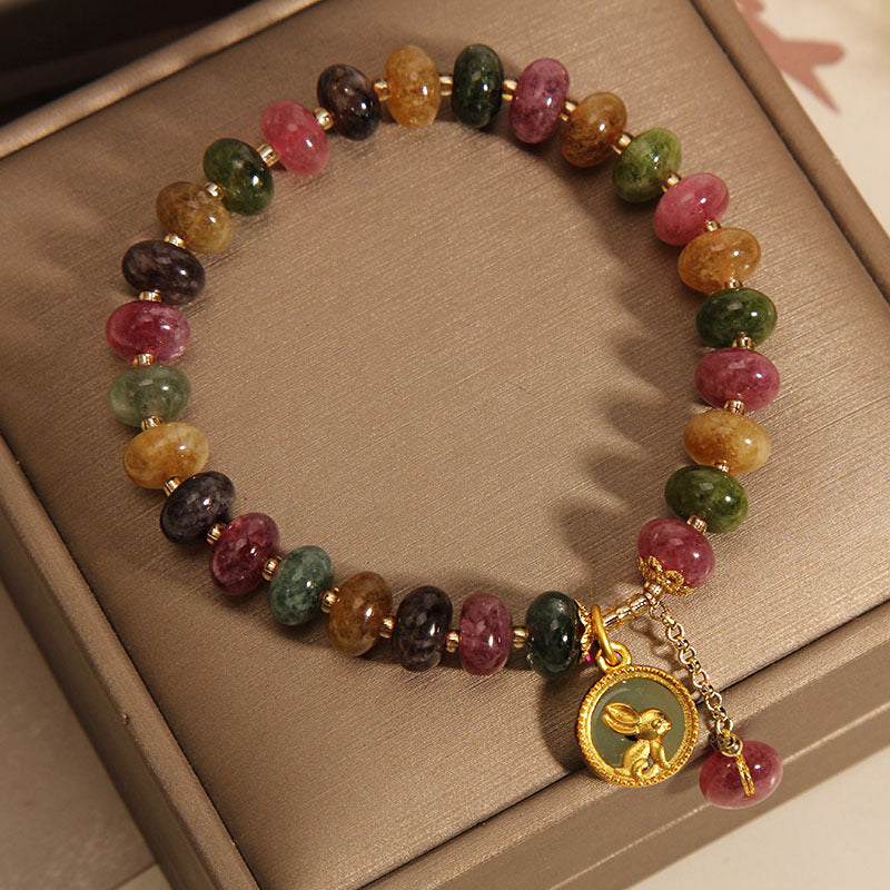 Wear FengShui Natural Colorful Tourmaline Cute Rabbit Charm Positive Bracelet