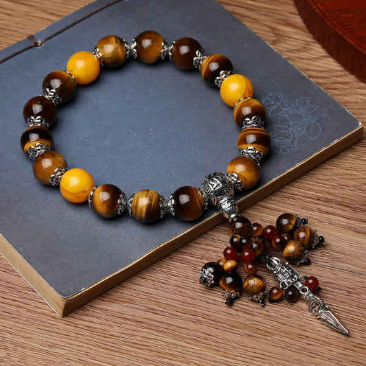 Wear FengShui Natural Tiger Eye Red Agate Dragon Vein Agate Stone Vajra Dorje Power Healing Bracelet Car Decoration