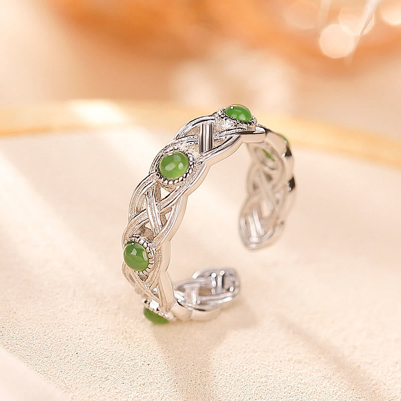 Wear FengShui 925 Sterling Silver Plated Gold Cyan Jade Braided Design Success Luck Adjustable Ring