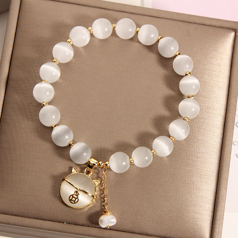 Wear FengShui Cat's Eye Lovely Cat Pattern Pearl Love Charm Bracelet