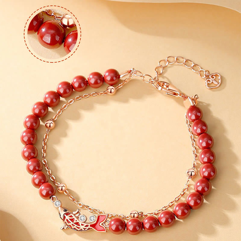 Wear FengShui 925 Sterling Silver Lucky Koi Fish Cinnabar Zircon Prosperity Double Layer Chain Bracelet