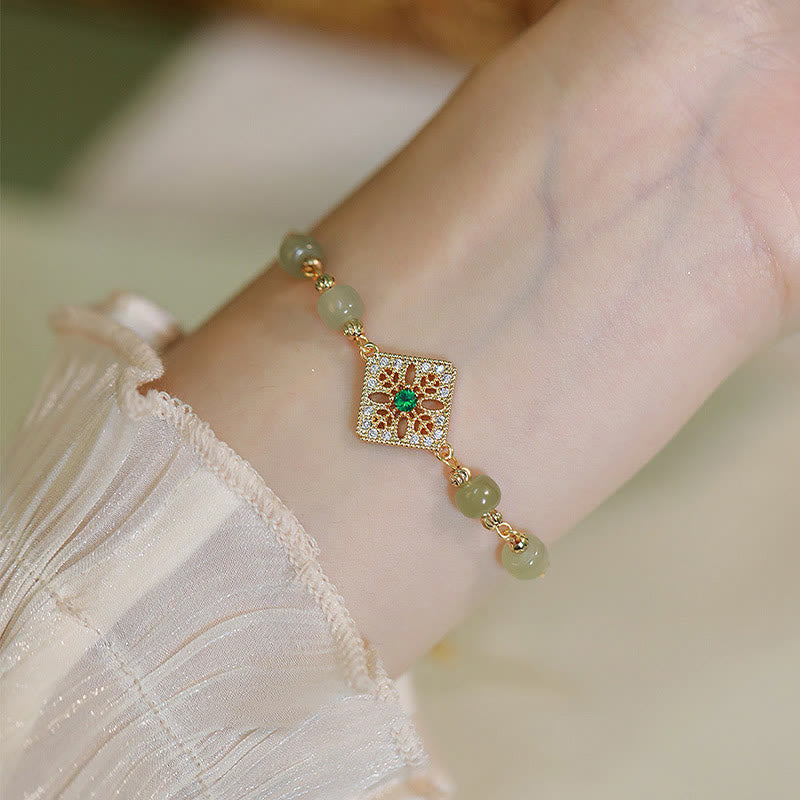 Wear FengShui Natural Hetian Jade Bead Square Pattern Luck Chain Bracelet