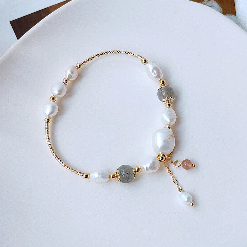 Wear FengShui Pearl Moonstone Strawberry Quartz Bead Optimism Bracelet