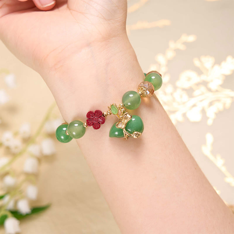 Wear FengShui Natural Red Agate Green Agate Gourd Cinnabar Flower Beads Confidence Bracelet