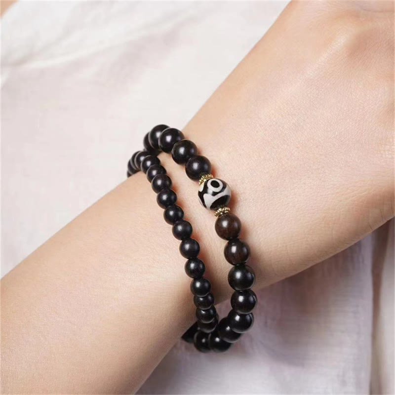 Wear FengShui Tibet Ebony Wood Dzi Bead Balance Double Wrap Bracelet