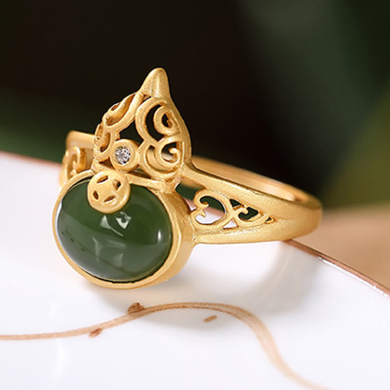 Wear FengShui Gourd Cyan Jade Copper Coin Success Luck Adjustable Ring