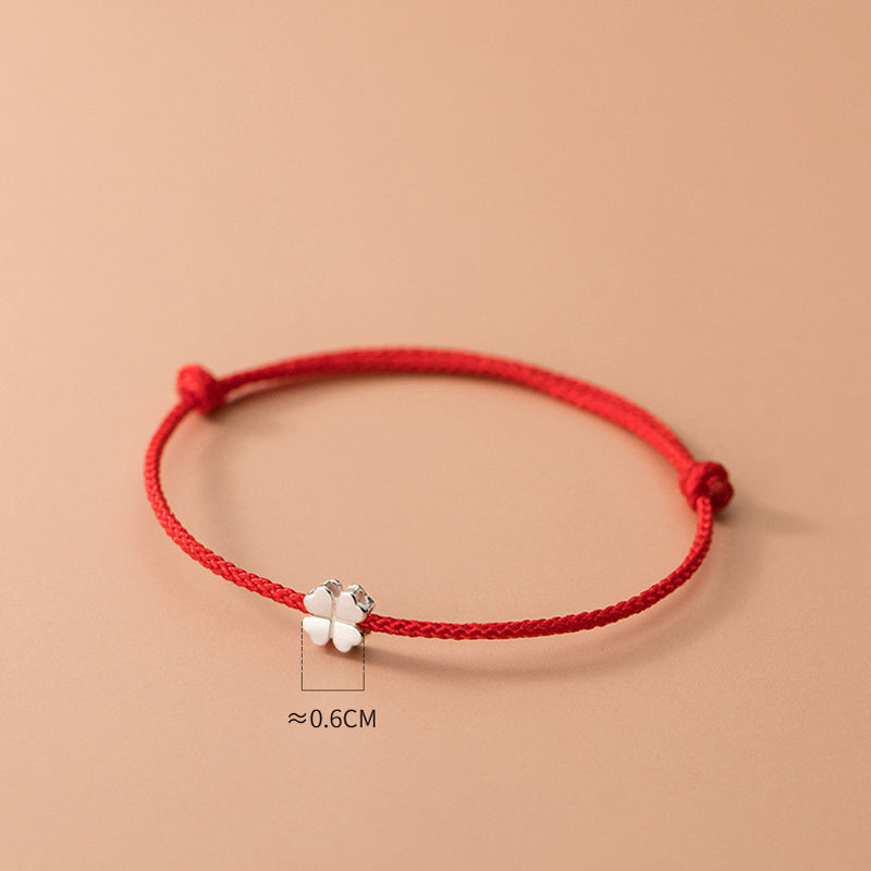 Wear FengShui 925 Sterling Silver Four Leaf Clover Red Rope Bracelet