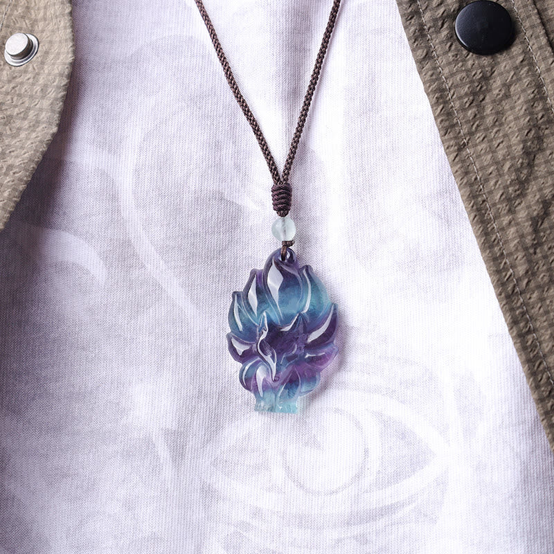 Wear FengShui Natural Fluorite Gold Sheen Obsidian Fox Pendant Protection Necklace