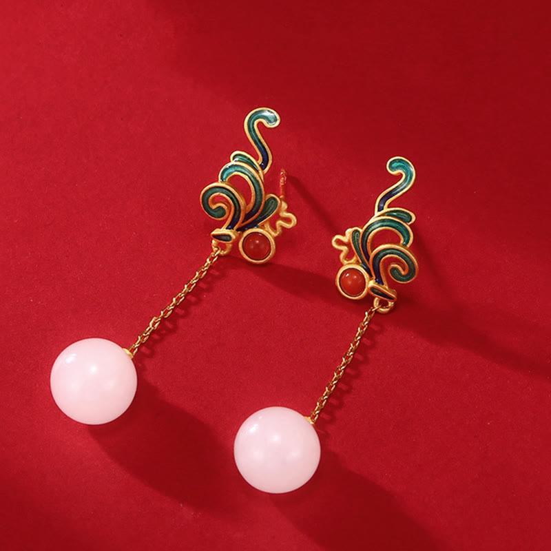 Wear FengShui Vintage White Jade Red Agate Bead Blessing Drop Dangle Earrings