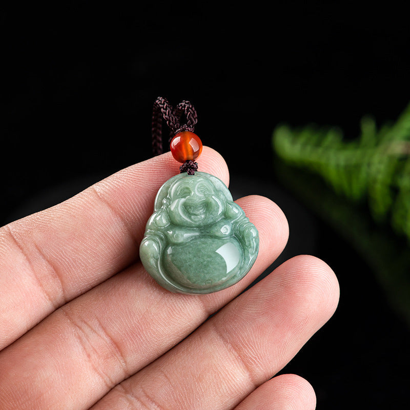 Wear FengShui Laughing Buddha Cyan Jade Success Necklace String Pendant