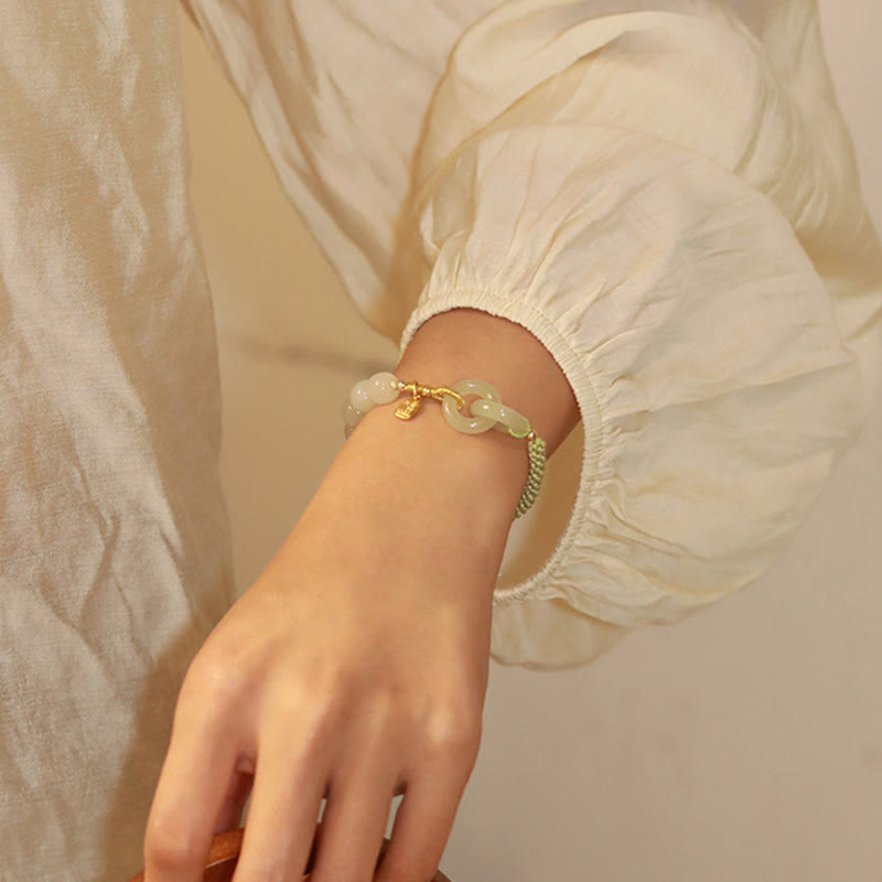 Wear FengShui Natural Hetian Jade Bead Double Peace Buckle Fu Character Abundance Braided Bracelet