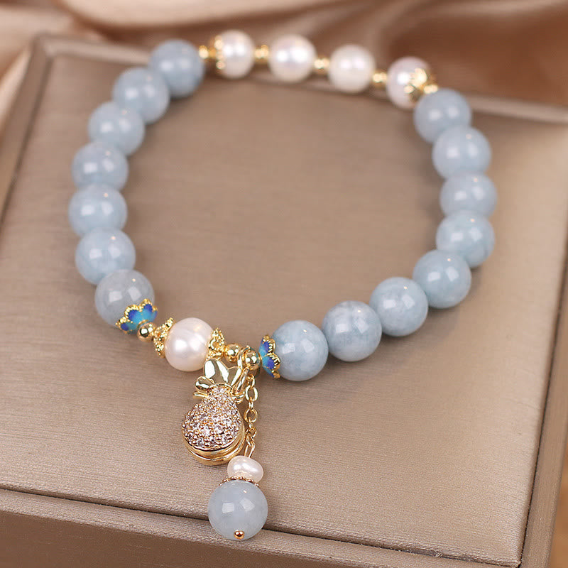 Wear FengShui Aquamarine Pearl Fortune Money Bag Charm Bracelet