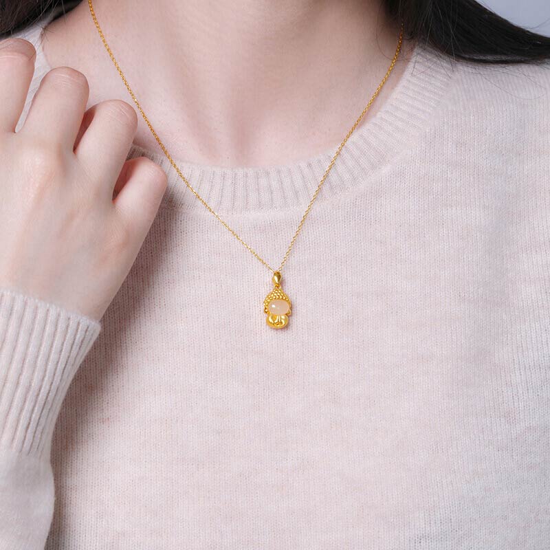 Wear FengShui White Jade Buddha Success Pendant Necklace