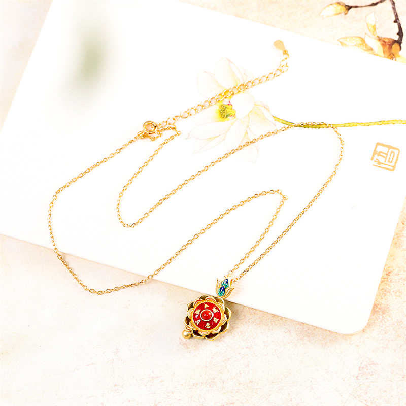 Wear FengShui 925 Sterling Silver Tibet Lotus Prayer Wheel Red Agate Enlightenment Necklace Pendant