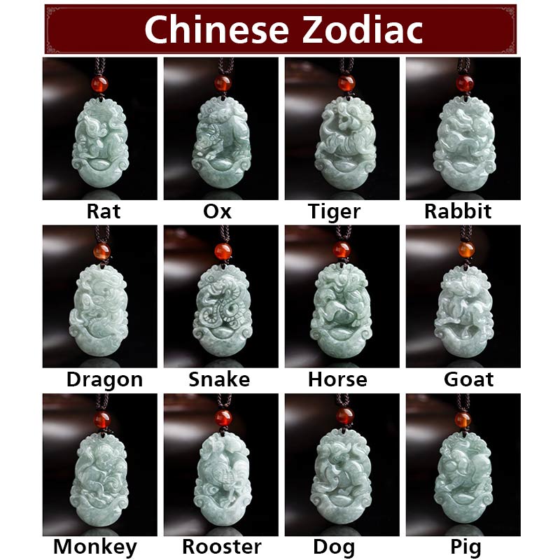 Wear FengShui Natural Jade 12 Chinese Zodiac Sucess Pendant Necklace