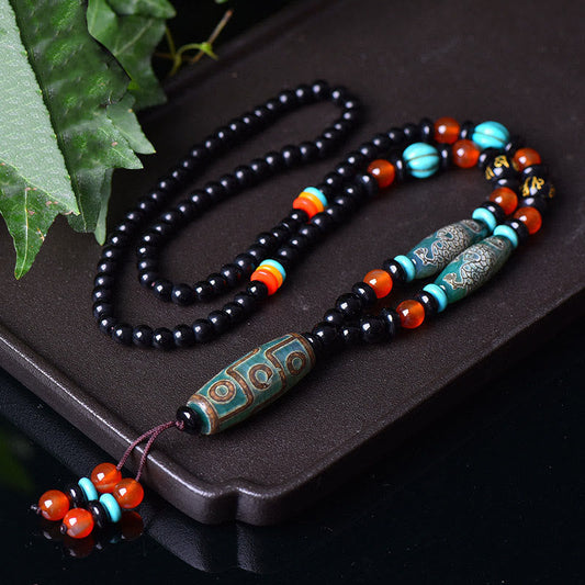 Wear FengShui Tibetan Nine-Eye Dzi Bead Dragon Pattern Om Mani Padme Hum Protection Necklace Pendant