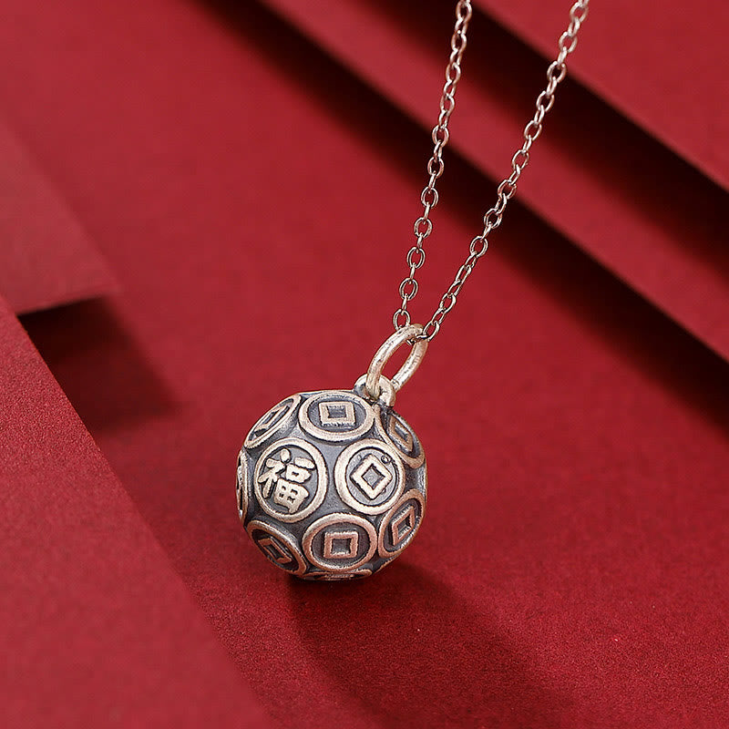 Wear FengShui 990 Sterling Silver Fu Character Copper Coin Luck Fortune Chain Necklace Pendant
