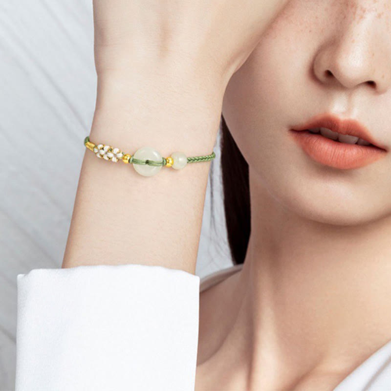Wear FengShui Hetian Jade Peace Buckle Luck Peach Blossom Braided Bracelet