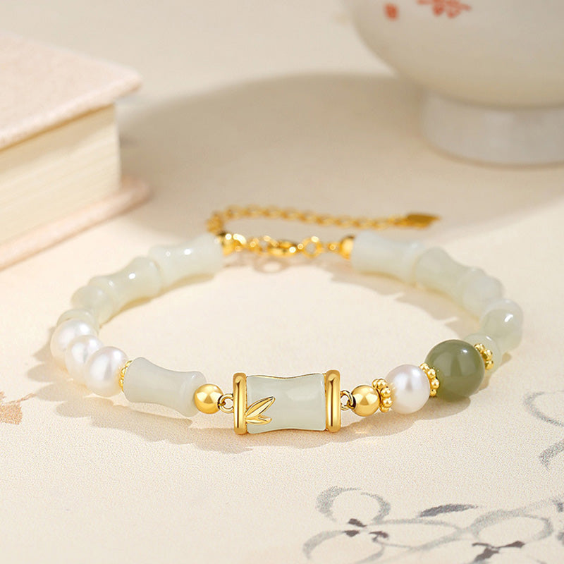 Wear FengShui 925 Sterling Silver Natural Hetian White Jade Bamboo Luck Blessing Bracelet