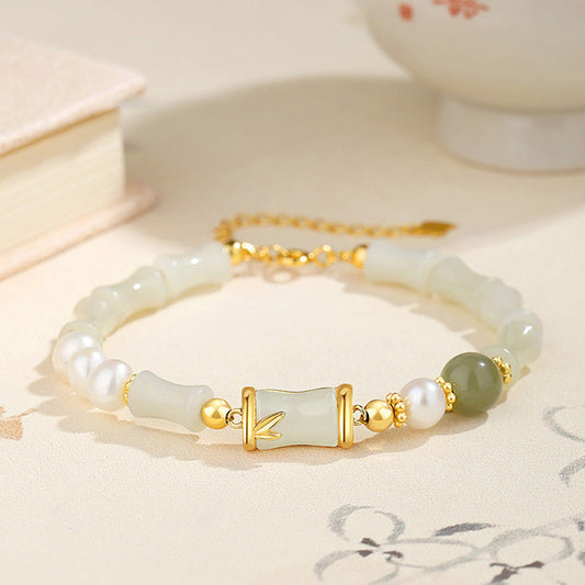 Wear FengShui 925 Sterling Silver Natural Hetian White Jade Bamboo Luck Blessing Bracelet
