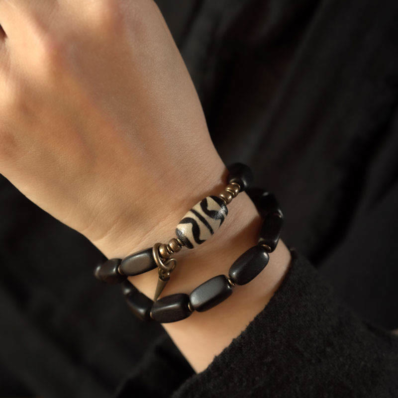 Wear FengShui Tibet Ebony Wood Dzi Bead Copper Balance Double Wrap Bracelet