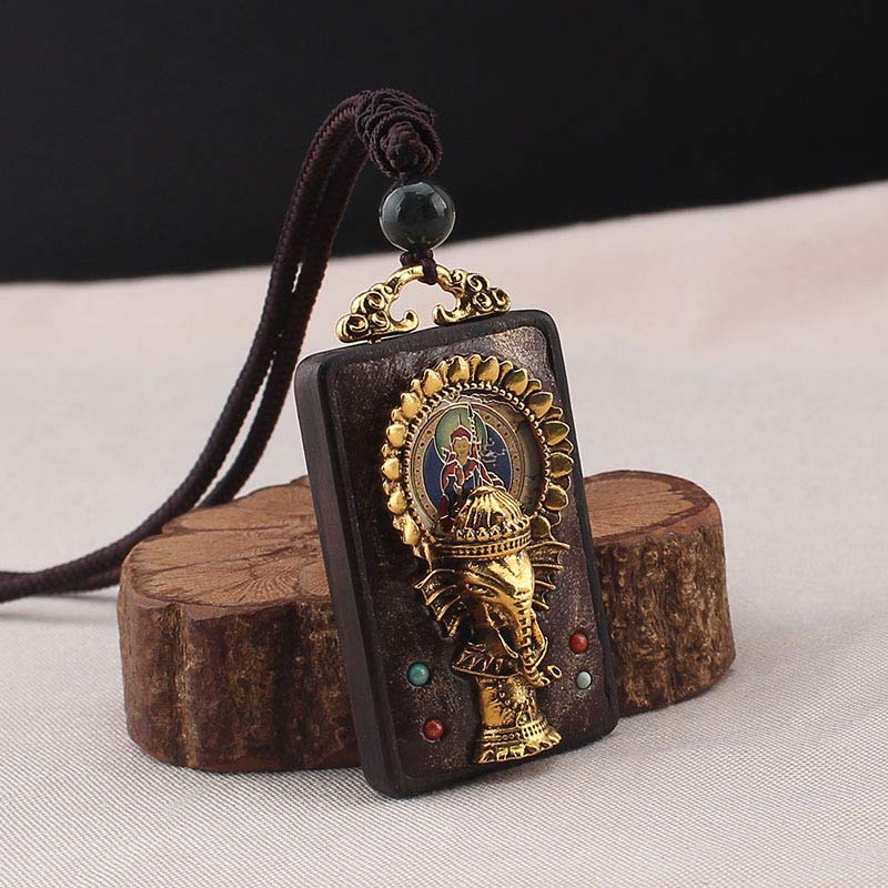 Wear FengShui Ebony Wood Elephant God of Fortune Buddha Blessing Necklace String Pendant