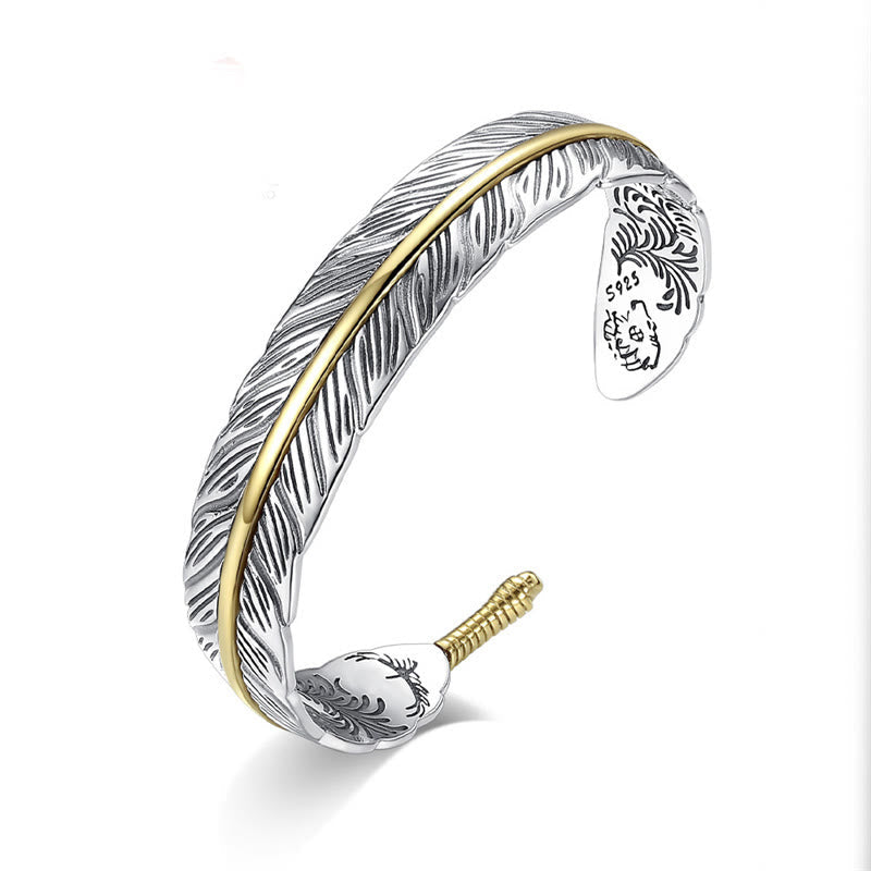 Wear FengShui Feather Pattern Carved Luck Wealth Cuff Bracelet Bangle