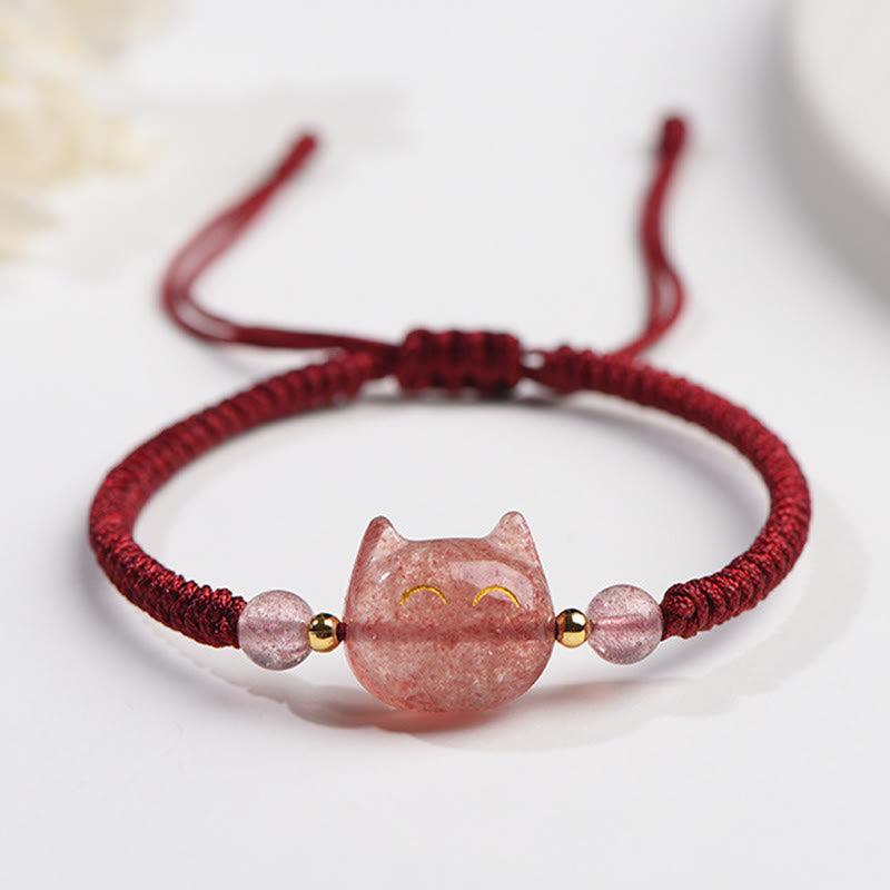 Wear FengShui Handmade Natural Silver Sheen Obsidian Strawberry Quartz Cute Cat Protection Braided Bracelet