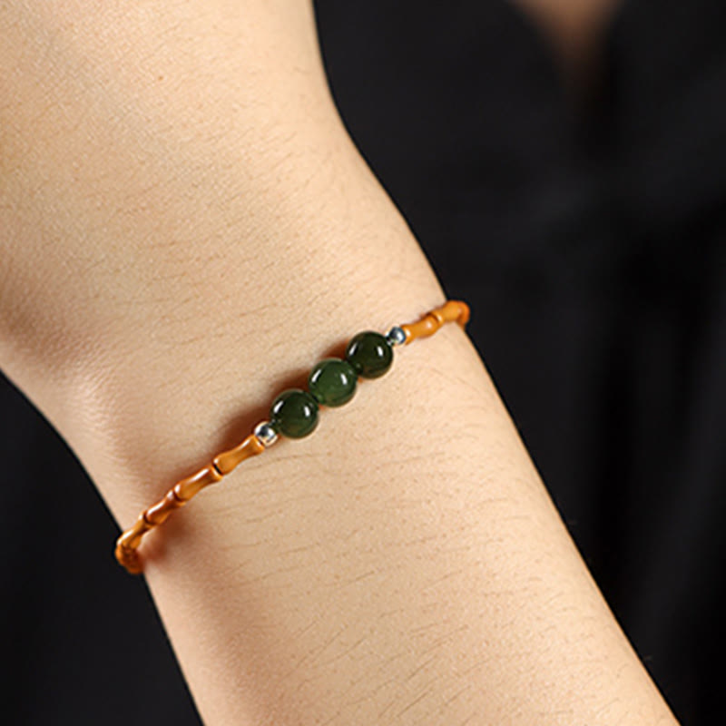 Wear FengShui Natural Olive Pit Bamboo Pattern Hetian Jade Beads Luck Bracelet