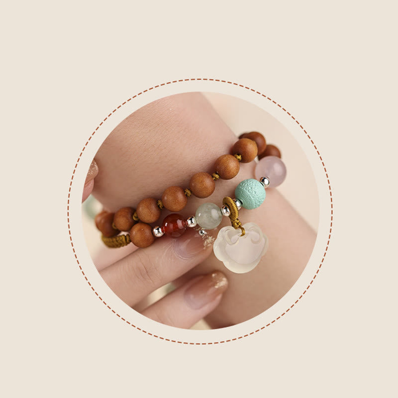 Wear FengShui Green Sandalwood Chalcedony Peace Buckle Charm Soothing Double Wrap Bracelet