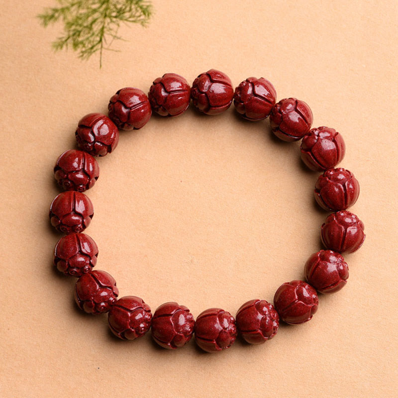 Wear FengShui Natural Cinnabar Om Mani Padme Hum Fret Pattern Lotus Blessing Bracelet
