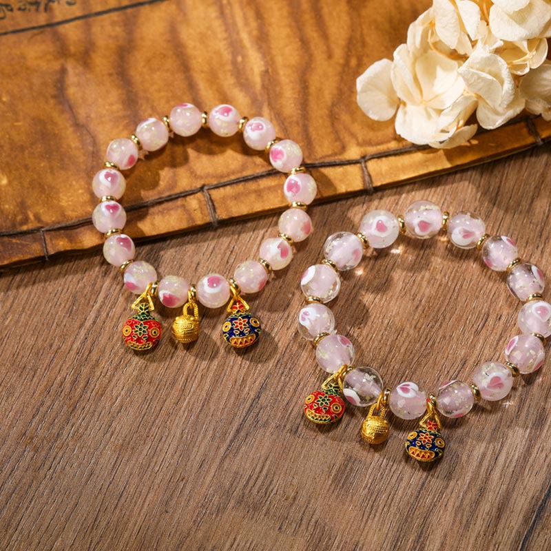 Wear FengShui Gold Swallowing Beast Family Charm Luminous Pink Love Heart Fluorescent Liuli Glass Bead Blessings Bracelet