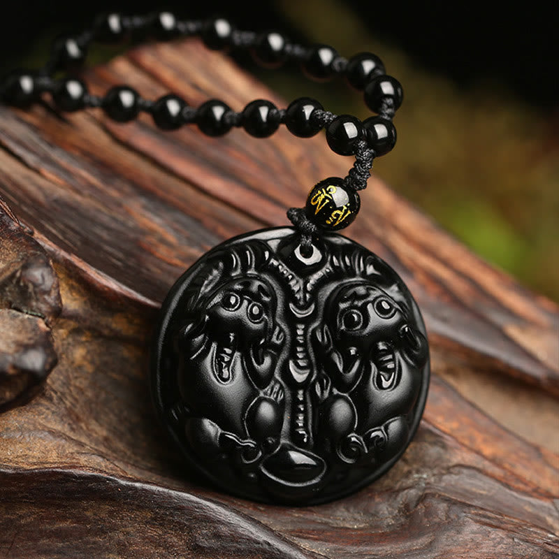 Wear FengShui Black Obsidian Double Pixiu Bead Rope Purification Necklace Pendant