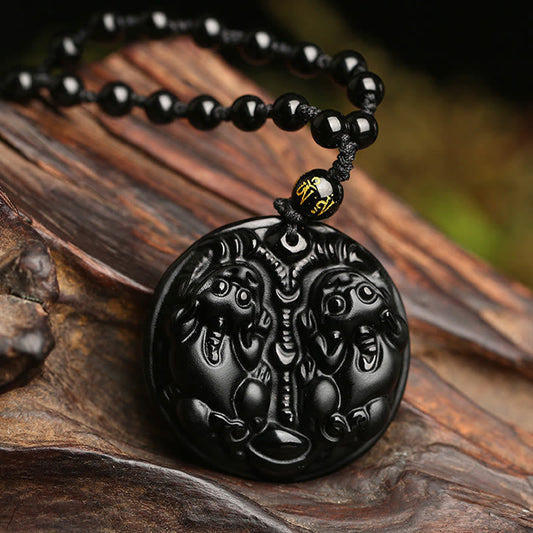 Wear FengShui Black Obsidian Double Pixiu Bead Rope Purification Necklace Pendant
