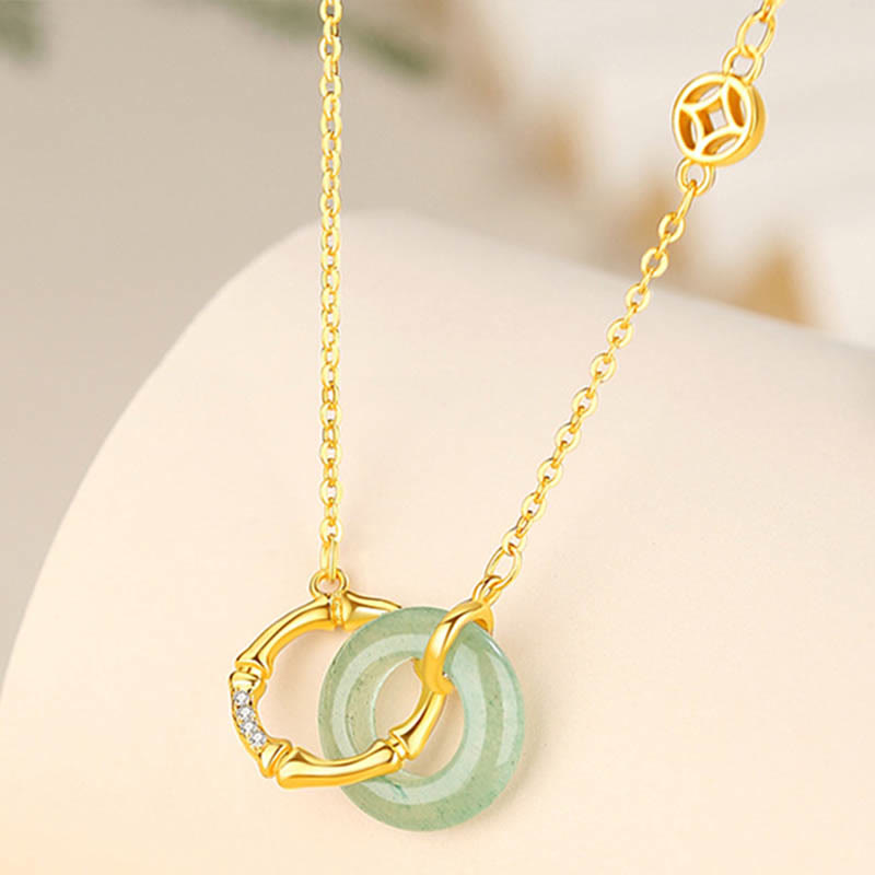 Wear FengShui 925 Sterling Silver Natural Green Aventurine Peace Buckle Bamboo Coin Prosperity Necklace Pendant