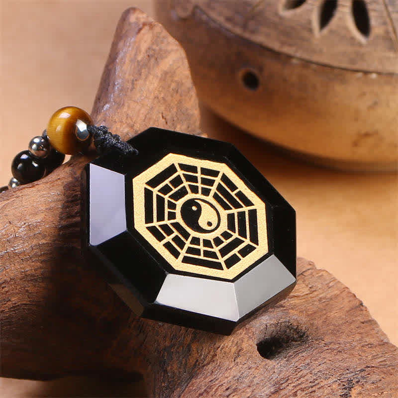 Wear FengShui Bagua Yin Yang Black Obsidian Purification Beaded Necklace Pendant