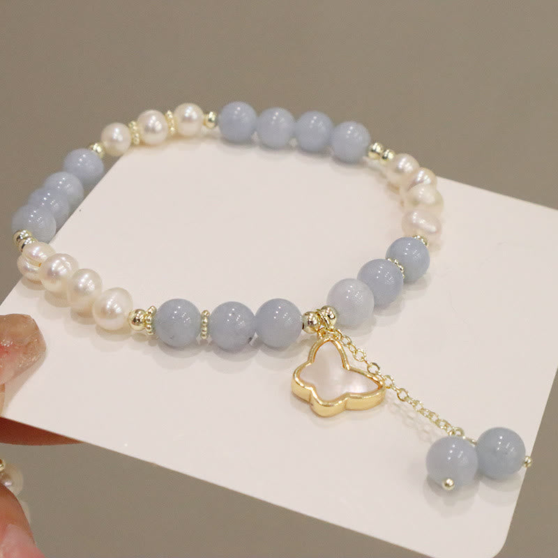 Wear FengShui Natural Aquamarine Pearl Healing Ginkgo Leaf Butterfly Charm Bracelet