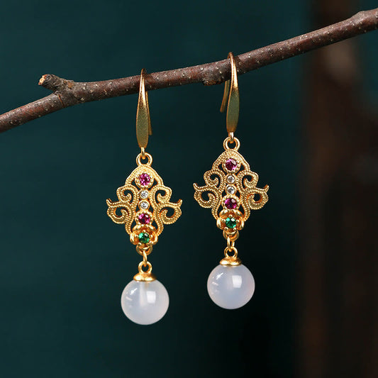 Wear FengShui 24K Gold Plated Round Chalcedony Positive Dangle Drop Earrings