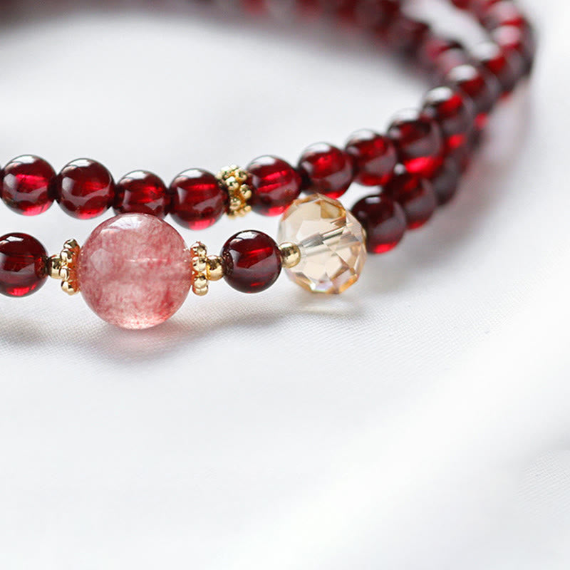 Wear FengShui 14K Gold Plated Natural Garnet Strawberry Quartz Stability Double Wrap Bracelet