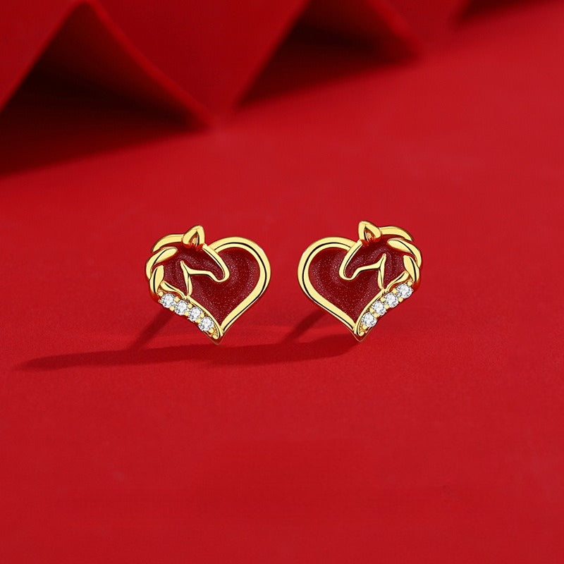 S925 Sterling Silver Year of the Horse Jewelry – Heart-shaped Diamond-Embedded Necklace, Bracelet, and Earrings