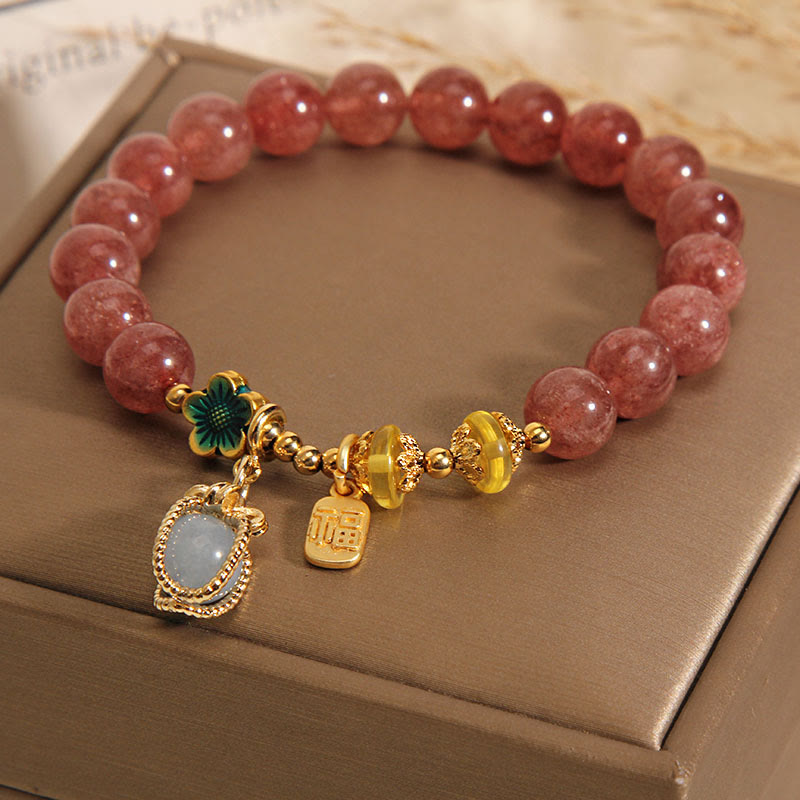 Wear FengShui Natural Strawberry Quartz Crystal Aquamarine Fortune Brand Love Bracelet