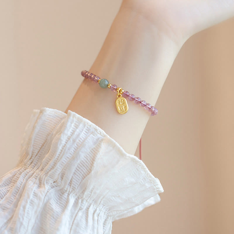 Wear FengShui Natural Strawberry Quartz Garnet Jade Lucky Fortune Fu Character Healing Charm Bracelet